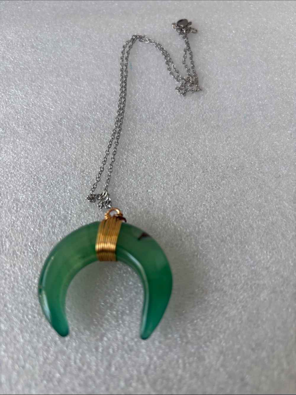 Green Crescent Pendant Necklace with Gold Wire Accent